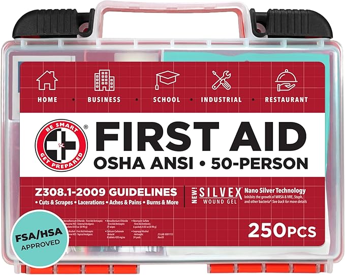 Be Smart Get Prepared OSHA/ANSI First Aid Kit - 50 Person, 250 Pieces - Designed for Home, Business, School, Industrial, and Restaurants - Compact & Portable