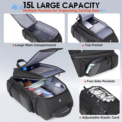 RAINSMORE Bike Bags for Bicycle Rear Rack 15L Waterproof Bike Ebike Trunk Pannier Saddle Bag with Rain Cover Bike Accessories Backpack Shoulder Bag for Commuter Travel Outdoor, Black