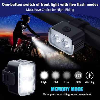 Powerful Rechargeable Bike Light Set - Smart Multi-Modes Ultra Bright Bicycle Front and Rear Lights with Spot & Flood Beams, Waterproof Headlight Taillight Set for Mountain, Road, Kids & City Bicycles