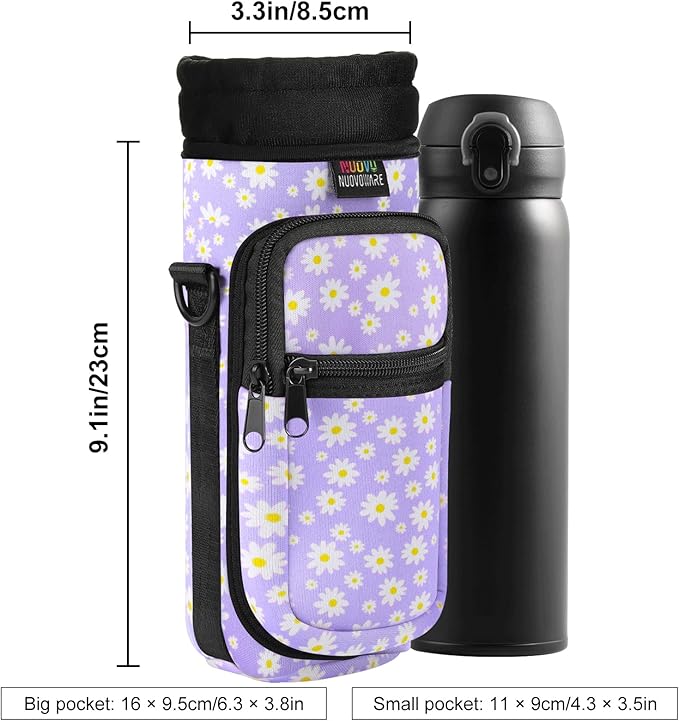 Nuovoware Water Bottle Carrier Bag,25oz/40oz/64oz Bottle Pouch Holder,Adjustable Shoulder Hand Strap 2 Pocket Sling Neoprene Sleeve Sports Accessories for Hiking Travelling Camping