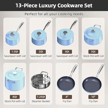Nuwave Lux 13pc Forged Lightweight Cookware Set PFAS Free, Healthy G10 Duralon Ceramic Coating, Ultra Non-Stick, Stay-Cool Handles, Works on All Cooktops & Induction Ready