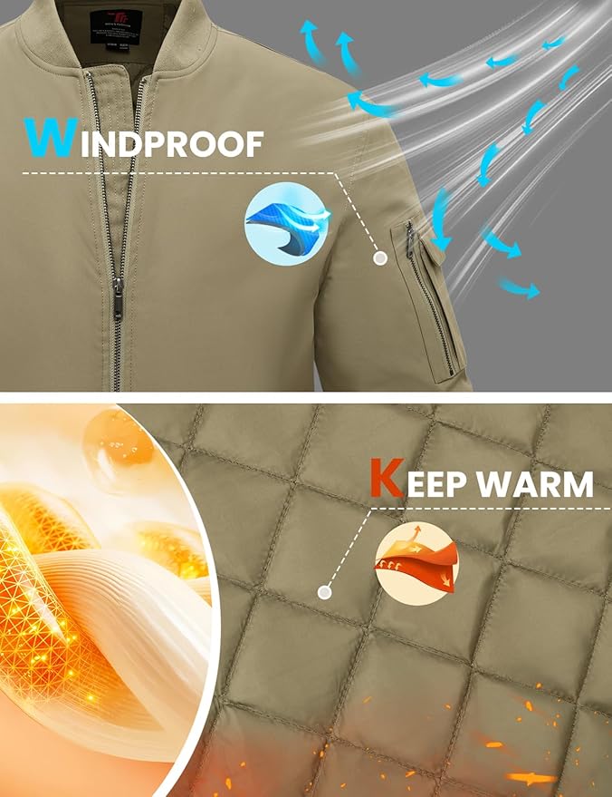 TBMPOY Men's Fall Jacket Winter Windbreaker Bomber Zip Up Padded Softshell Warm Windproof Casual Coat