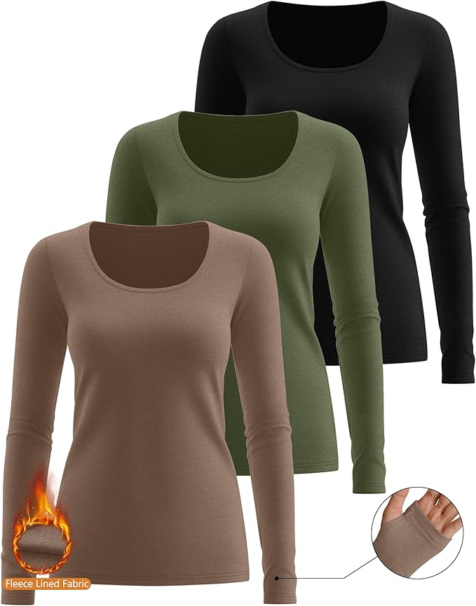 Riyiper 3 Pack Women's Thermal Long Sleeve Shirts, Fleece Scoop Neck Fitted Top Stretchy Thumb Holes Undershirt Baselayer Tee