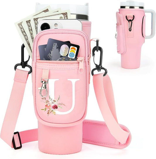 Initial Water Bottle Holder with Strap for Stanley 40 oz Tumbler/Simple Modern 40 oz Tumbler,Water Bottle Carrier Bag with Strap,Personalized A-Z Phone Pocket for Stanley Cup Accessories