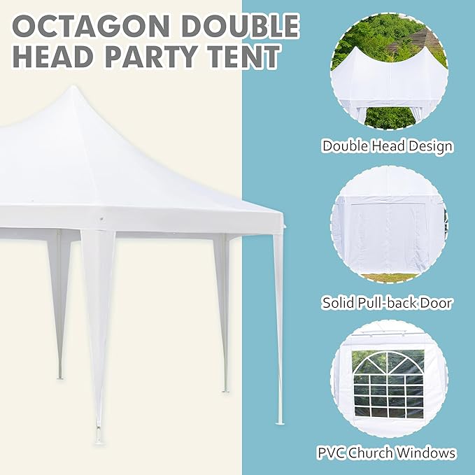 EROMMY 20x15ft Party Tent - White Wedding Canopy with 6 Removable Sidewalls, 6 Church Windows and 2 Pull-Back Doors - Octagonal Heavy Duty Outdoor Gazebo Pavilion Shelter for Events