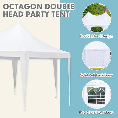 EROMMY 20x15ft Party Tent - White Wedding Canopy with 6 Removable Sidewalls, 6 Church Windows and 2 Pull-Back Doors - Octagonal Heavy Duty Outdoor Gazebo Pavilion Shelter for Events