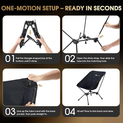 MOON LENCE Portable Camping Chair, Lightweight Folding Backpacking Hiking Chair, Plus Size Compact Yet, Support 330 lbs (Black)