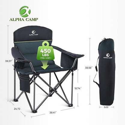 ALPHA CAMP Oversized Camping Chair Heavy Duty Lawn Chair with Cooler Bag Support 450 LBS Steel Frame Collapsible Padded Arm Quad Lumbar Back Folding Chair for Lawn Outdoor
