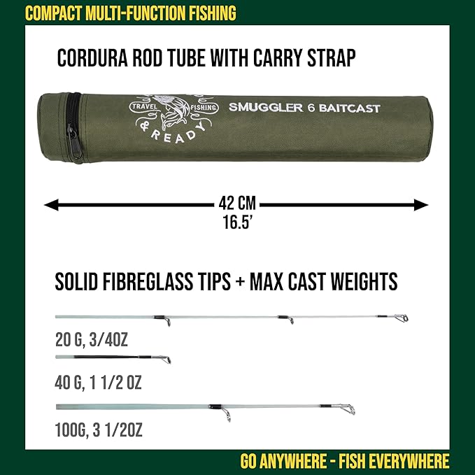 Rigged and Ready Smuggler Series Travel Fishing Rods. 6 Portable, Super Compact Spin, Bass, Carp, Lure, Rod Reel Combination and 5 Poles + Case. 2 or 4 Tips for Freshwater and Saltwater Fishing