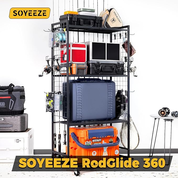 SOYEEZE Fishing Rod Holders for Garage, 4 Tier Adjustable Fishing Pole Holders Up to 12 Rods, Fishing Rod Rack with Lockable Wheels for Large Tackle Box Storage and Fishing Equipment Organization