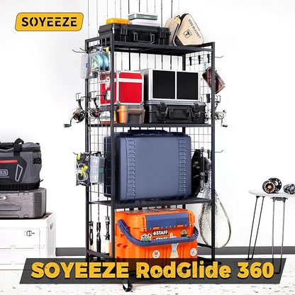 SOYEEZE Fishing Rod Holders for Garage, 4 Tier Adjustable Fishing Pole Holders Up to 12 Rods, Fishing Rod Rack with Lockable Wheels for Large Tackle Box Storage and Fishing Equipment Organization