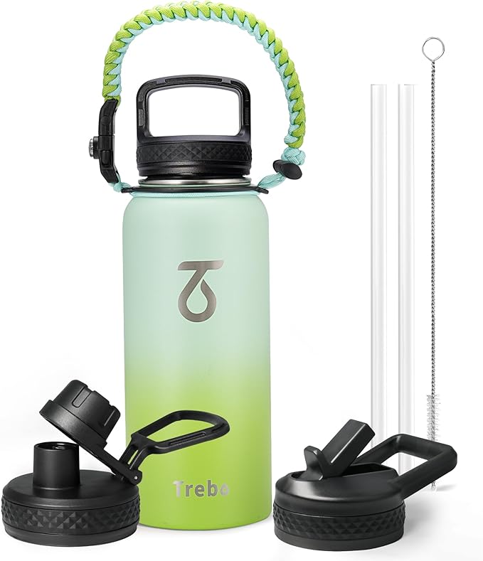 Trebo 32 oz Water Bottle Insulated with Lid and Straw, Double Wall Vacuum Stainless Steel Sports Flask with Paracord Handle, Keep Hot 24 Hours & Cold 48 Hours Water Cup with 3 Lids, Dark Green