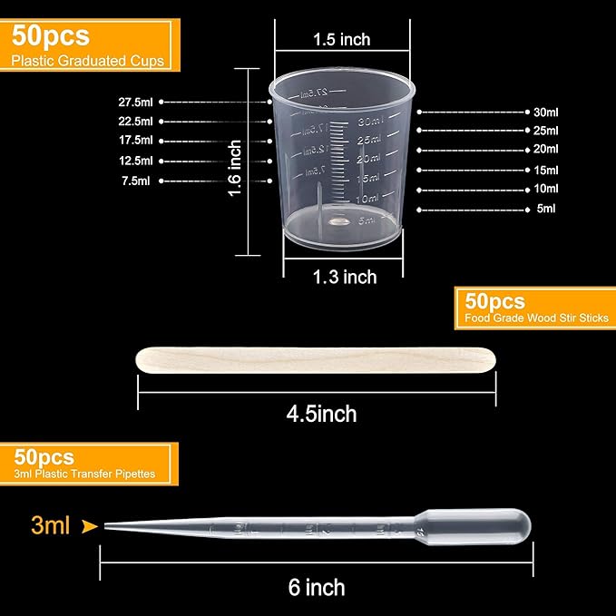 Coopay Plastic Graduated Cups Tools - 50 Pack 30ml/1oz Transparent Scale Measuring Cups, 50 Pack Wooden Stirring Sticks and 3ml Transfer Pipettes for Resin, Epoxy, Stain, Mixing Paint