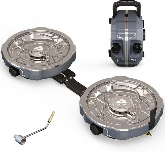 20,000 BTUs 2 Burner Propane Camping Stove, Portable Folding Camp Stove with Adjustable Burners, Built-in Ignition and Carrying Bag, Dual Gas Stoves for Tailgating, Camping, BBQ Overland Grey