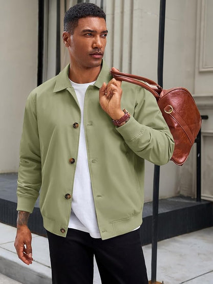 Runcati Mens Lightweight Jackets Button Down Casual Windbreaker Vintage Fall Bomber Jacket with Pockets