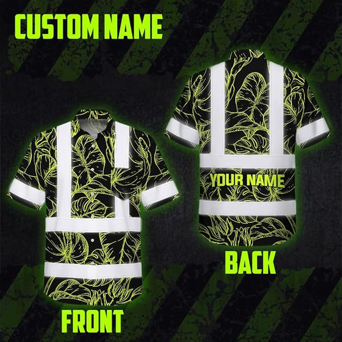 High Visibility Hawaiian Shirt for Men Tropical Shirts Custom Name Floral Outfit Reflective Safety Workwear