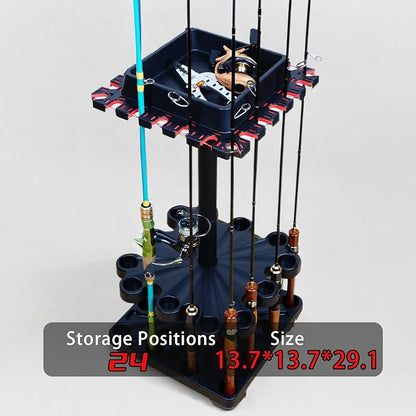 Freestanding Rotating Fishing Rod Rack, Home Display Organizer, Tool-Free Assembly, Holds up to 24 Rods, with Rolling Wheels (Holds up to 24 Rods Without Rolling Wheels)