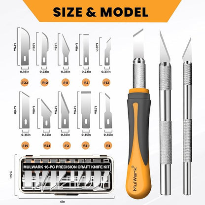 MulWark Exacto Knife Set | Craft Knife Kit | 16pc Precision Craft Hobby Kit with Razor Sharp Knives for Wood, Crafting, Leather, Scrapbooking & Modeling