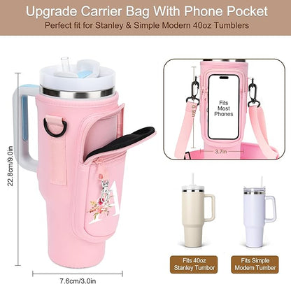 Initial Water Bottle Holder with Strap for Stanley 40 oz Tumbler/Simple Modern 40 oz Tumbler,Water Bottle Carrier Bag with Strap,Personalized A-Z Phone Pocket for Stanley Cup Accessories