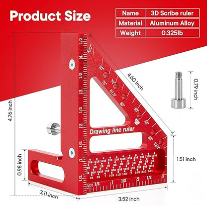 Premium Versatile Multi-Angle Carpenter Square Measuring Ruler for Woodworking, Engineering, and Construction (22.5-90 Degrees with Angle Pin) (Red)