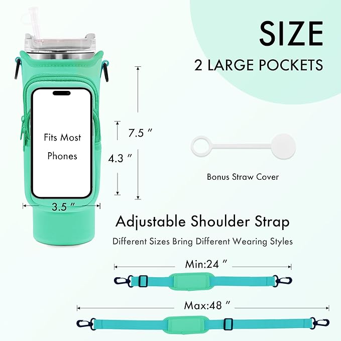 Water Bottle Carrier Bag with Phone Pocket for Stanley Cup 40/30 oz, Water Bottle Holder with Adjustable Strap& Straw Cover, Stanley Cup Accessories