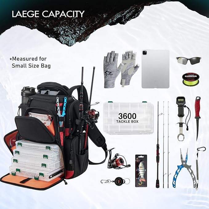 Piscifun Fishing Backpack with 2 Rod Holders & 4 Tackle Boxes, Large Tackle Storage Bag With Rain Cover for Fishing Gear