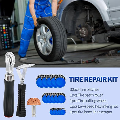 33PCS Tire Repair Patch Tools Tire Patch Kit, 30PCS Tire Patches(32mm/ 42mm/ 58mm with Tire Patch Roller, Tire Repair Buffing Wheel, Tire Inner Liner Scraper for Car Motorcycle Bike