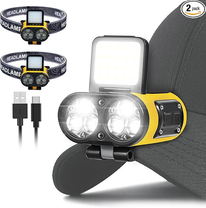 LED Hard Hat Light, 2 pcs Dimmable Clip on Cap Lights, Headlamp Rechargeable, 180°Adjustable Hands Free Hat Flashlight Headlamp Waterproof for Hiking, Running, Fishing, Cycling, Emergency (Yellow)