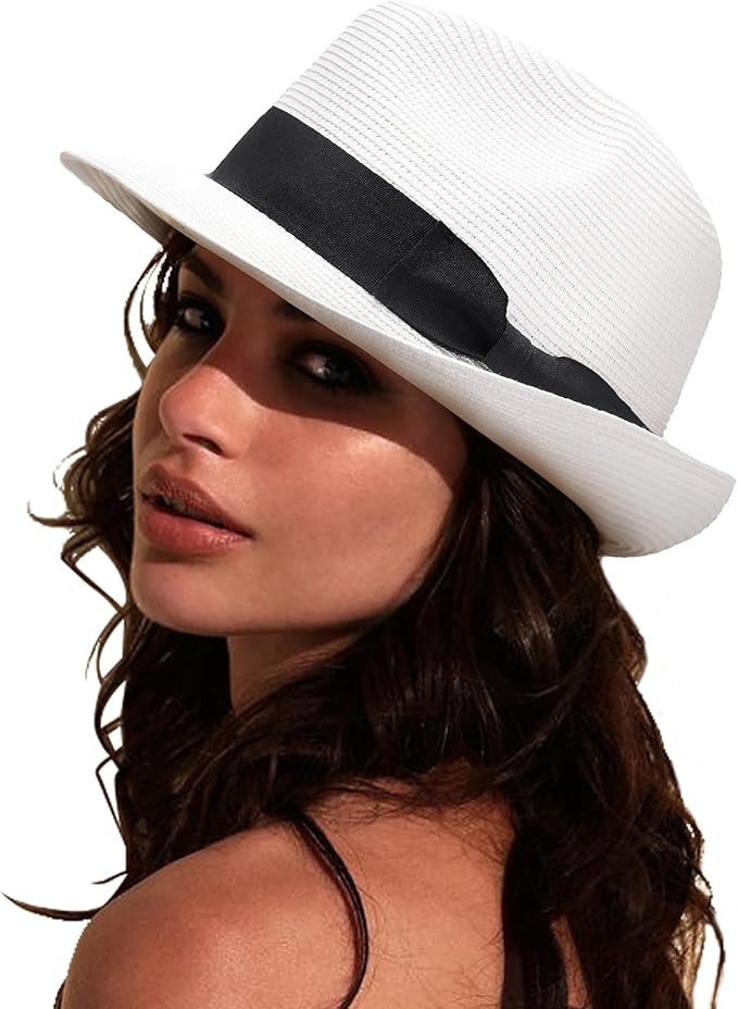 DRESHOW Women Straw Sun Hat Short Brim Panama Travel Fedora Beach Cap Roll up Summer Hat for Women Men UPF 50+
