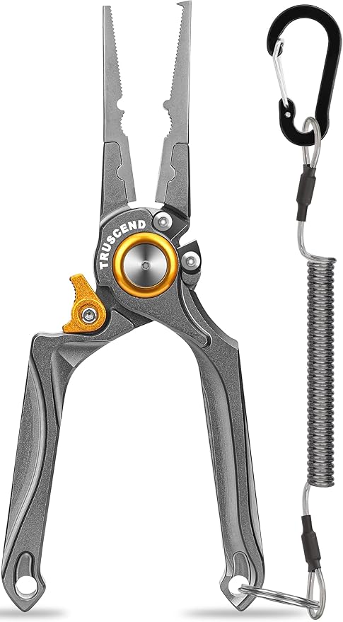 TRUSCEND Lockable Handy Fishing Pliers with Innovative Ergonomical Handle, Corrosion Saltwater Resistant Teflon Coated Fishing Tool, Multi-Function Fishing Gear with Mo-V Cutter, Fishing Gifts for Men