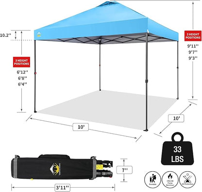 CROWN SHADES 10x10 Pop Up Canopy Tent - Patented Center Lock One Push Instant Outdoor Canopy Beach Tent with STO-N-Go Bag 8 Stakes & 4 Sand Bags，Sky Blue