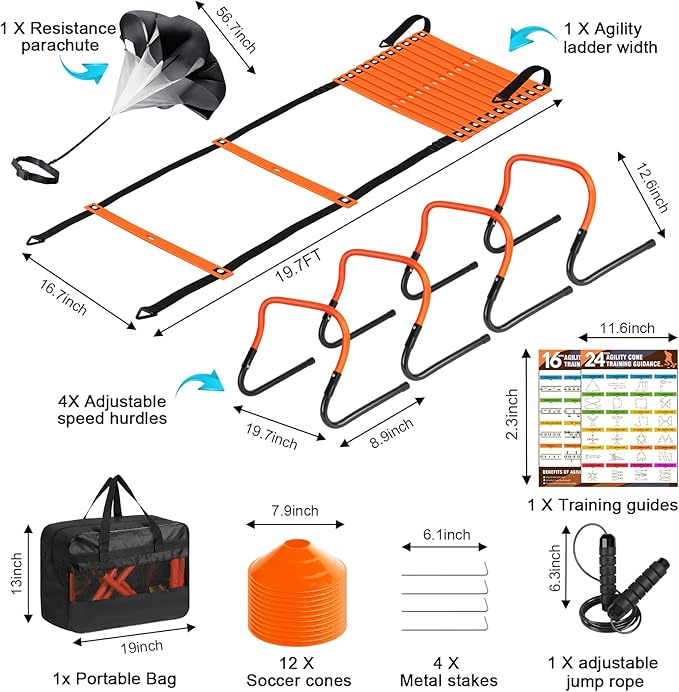 Agility Speed Training Equipment Set, Football Practise Set with 20ft Agility Ladder, 12 Cones, 4 Adjustable Hurdles, Jump Rope, Parachute, for Basketball, Soccer, Football, Kids, Youth, Adults