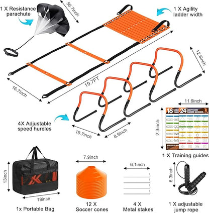 Agility Speed Training Equipment Set, Football Practise Set with 20ft Agility Ladder, 12 Cones, 4 Adjustable Hurdles, Jump Rope, Parachute, for Basketball, Soccer, Football, Kids, Youth, Adults