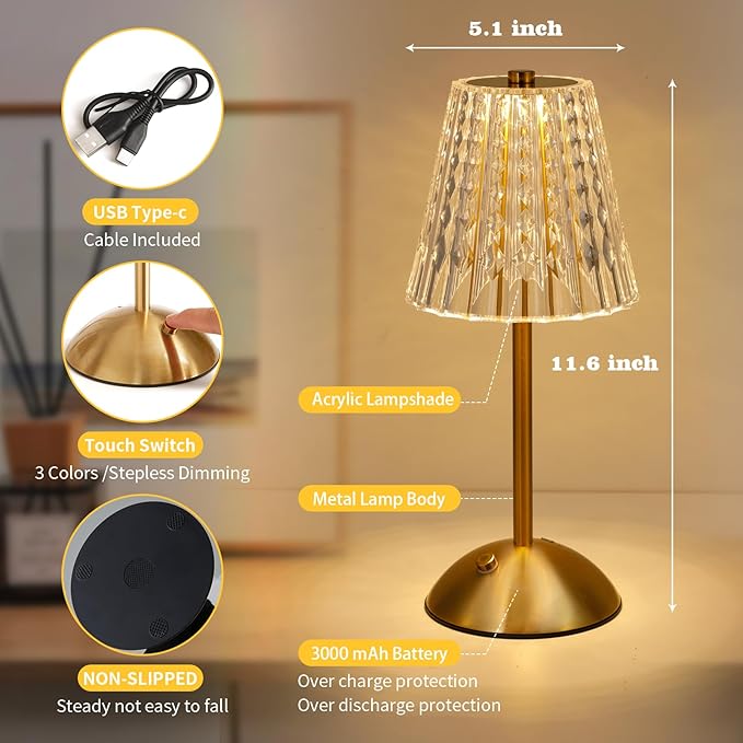 Cordless Table Lamp with Touch Control - 3000mAh Rechargeable, Small Crystal 3-Color Dimmable Ambient Light for Dining Table, Bedside, Kitchen, Entryway, Bathroom, Restaurant, Gifts