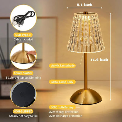 Cordless Table Lamp with Touch Control - 3000mAh Rechargeable, Small Crystal 3-Color Dimmable Ambient Light for Dining Table, Bedside, Kitchen, Entryway, Bathroom, Restaurant, Gifts