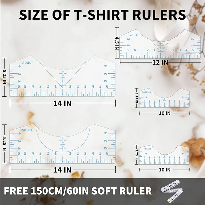 5Pack Tshirt Ruler Guide for Vinyl Alignment, T Shirt Rulers to Center Designs, PVC Measurement Template, Sewing Supplies Accessories Tools for Cricut Heat Press Transfer Vinyl （Blue）