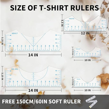 5Pack Tshirt Ruler Guide for Vinyl Alignment, T Shirt Rulers to Center Designs, PVC Measurement Template, Sewing Supplies Accessories Tools for Cricut Heat Press Transfer Vinyl （Blue）