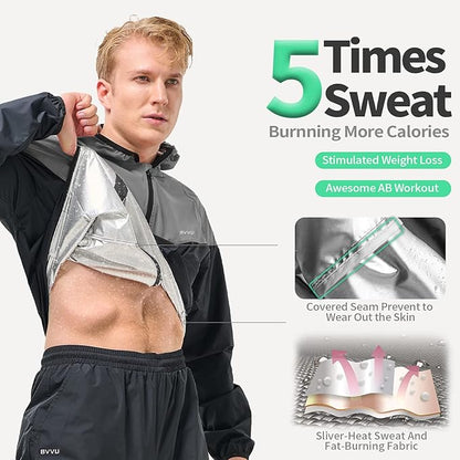 BVVU Sauna Suit for Men Zipper Sweat Suits with Hood Sauna Jacket Pants Gym Workout Full Body