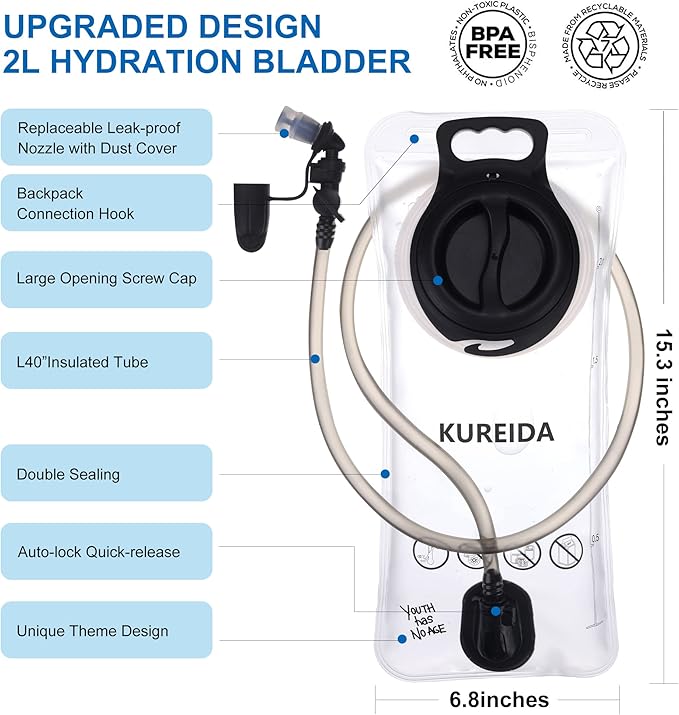Hydration Bladder 2 Liter, BPA Free Water Bladder for Hiking Backpack Water Storage Bag with Insulated Tube, Hydration Backpack Replacement for Outdoor Camping Running Hiking