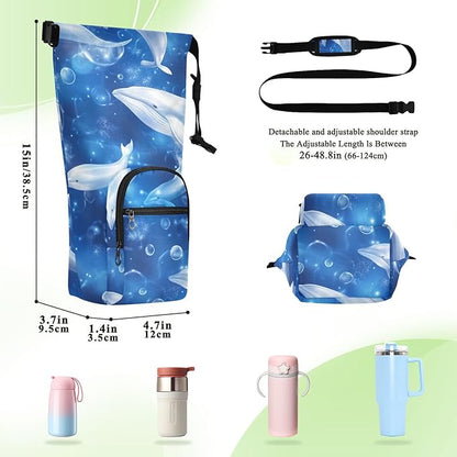 Blue Whales and Bubbles Water Bottle Holder with Strap Insulated Water Bottle Carrier Crossbody Bags Pouch with Phone Pocket for Travel Gym Hiking Walking Running