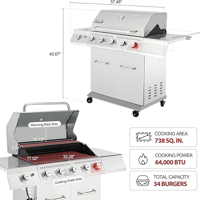 Royal Gourmet 5-Burner Propane Gas Grill with Side Burner, Stainless Steel Barbeque Grills, Silver, GA5404S