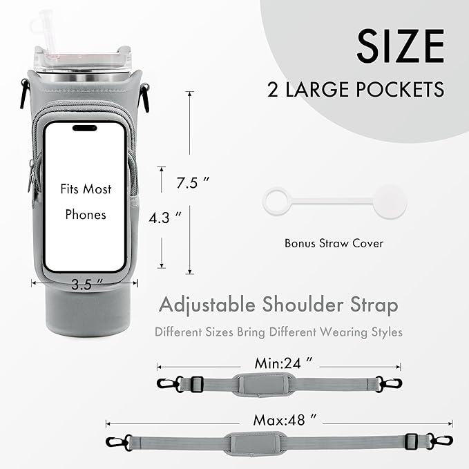 Water Bottle Carrier Bag with Phone Pocket for Stanley Cup 40/30 oz, Water Bottle Holder with Adjustable Strap& Straw Cover, Stanley Cup Accessories