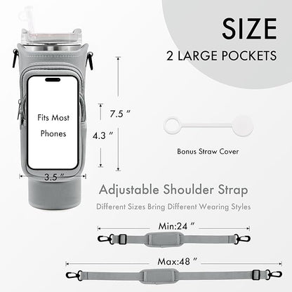Water Bottle Carrier Bag with Phone Pocket for Stanley Cup 40/30 oz, Water Bottle Holder with Adjustable Strap& Straw Cover, Stanley Cup Accessories