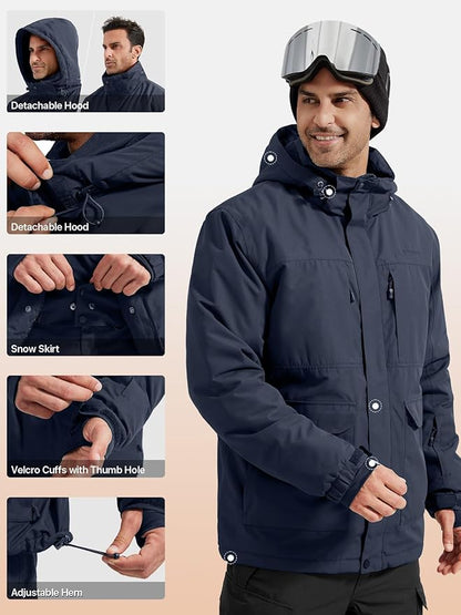 FREE SOLDIER Men's Waterproof Ski Jacket Fleece Lined Warm Winter Snow Coat with Hood Fully Taped Seams
