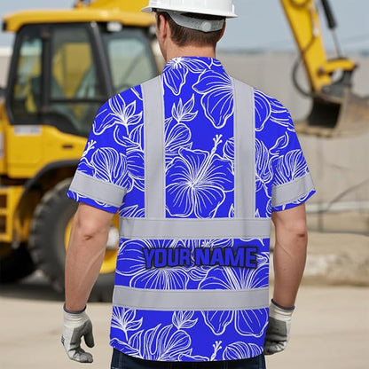 High Visibility Hawaiian Shirt for Men Tropical Shirts Custom Name Floral Outfit Reflective Safety Workwear
