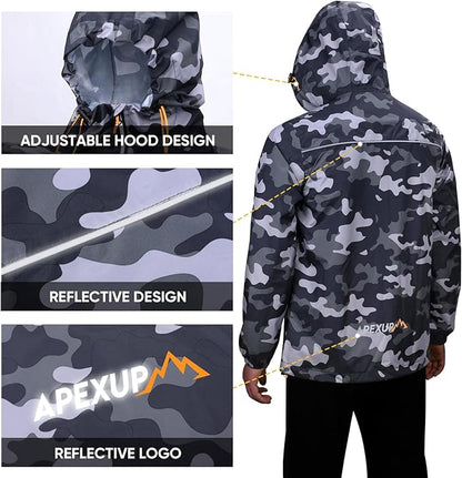 APEXUP Packable Rain Jacket Men with Reflective Zipper, Lightweight Waterproof Raincoat, Mens Rain Jacket for Outdoor Sports
