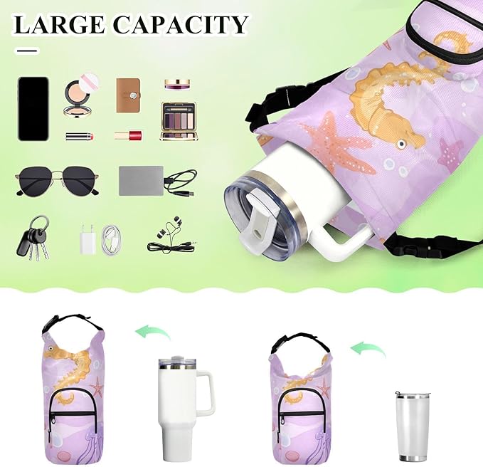 Purple Seahorse Jellyfish Starfish 01 Water Bottle Holder with Strap Insulated Water Bottle Carrier Crossbody Bags Pouch with Phone Pocket for Travel Gym Hiking Walking Running