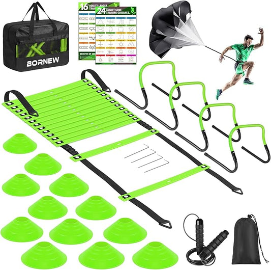 Agility Speed Training Equipment Set, Football Practise Set with 20ft Agility Ladder, 12 Cones, 4 Adjustable Hurdles, Jump Rope, Parachute, for Basketball, Soccer, Football, Kids, Youth, Adults