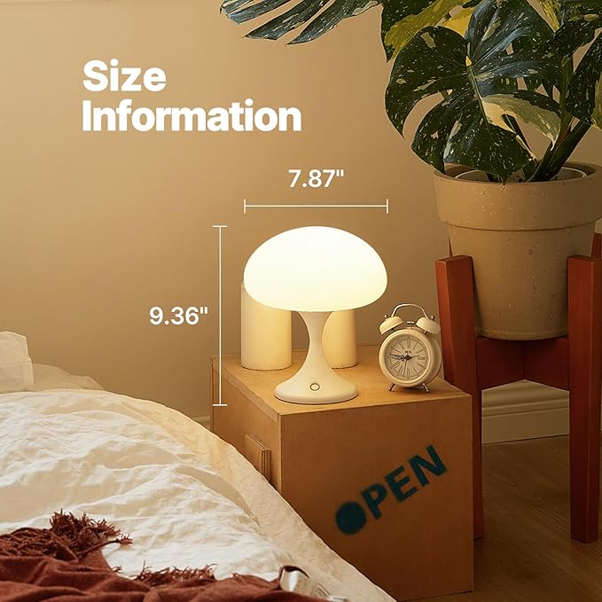 Mushroom Lamp, 5W LED Cordless Rechargeable Table Lamp with Glass Shade, Small Retro Dimmable Touch Light with 3 Color Temps, Aesthetic Mid Century Bedside Light for Bedroom Ambient, White