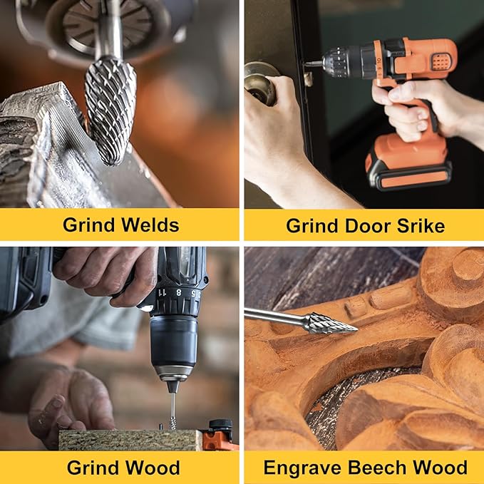 Tungsten Carbide Burr Set, 1/8" Shank 10PC Double Cut Die Grinder Rotary Tool Cutting Burrs Set for Metal and Wood Working Carving, Engraving, Polishing, Grinding with Clear Storage Case